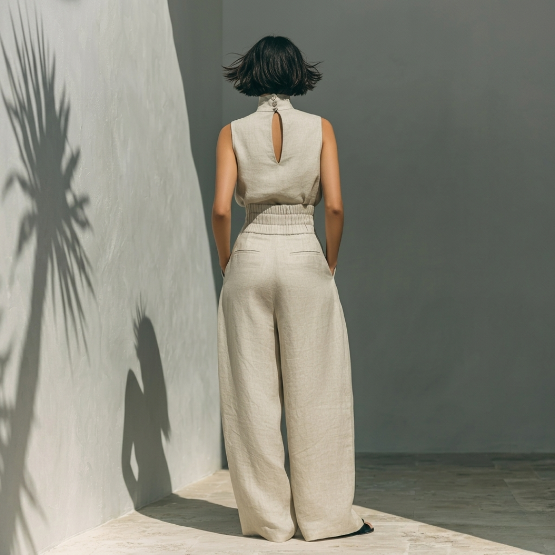 Conjunto compuesto por una blusa sin mangas y pantalones de pierna ancha en una mezcla de algodón y lino.