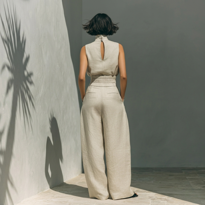 Conjunto compuesto por una blusa sin mangas y pantalones de pierna ancha en una mezcla de algodón y lino.