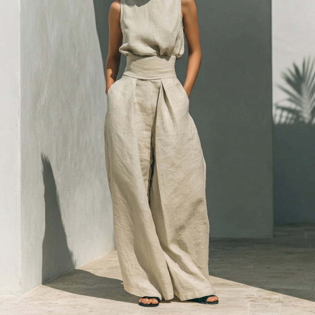 Conjunto compuesto por una blusa sin mangas y pantalones de pierna ancha en una mezcla de algodón y lino.